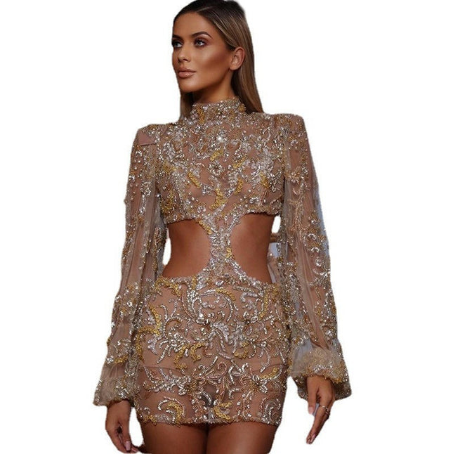 Women's Sequin Sparkly Mini Dress Long Sleeve Cut Out Bodycon Cocktail Formal Dresses