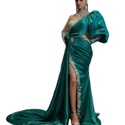 Mermaid Prom Dresses Long Sleeve Sequin Satin Long Ball Gowns for Women with Slit