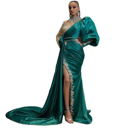 Mermaid Prom Dresses Long Sleeve Sequin Satin Long Ball Gowns for Women with Slit