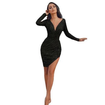 Women's Mini Wrap Dress V Neck Long Sleeve Bodycon Glitter Ruched Cocktail Party Dresses