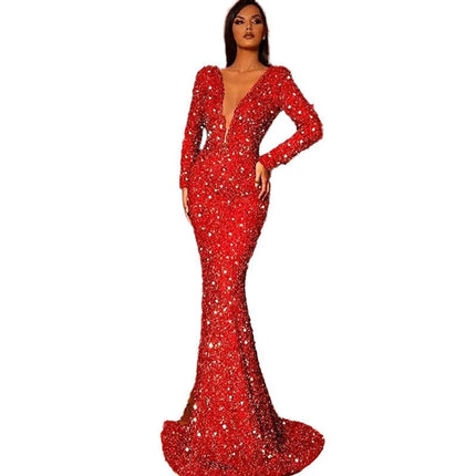 Women's Sexy Deep V Neck Sequin Prom Dress Long Sleeve Mermaid Evening Formal Dress