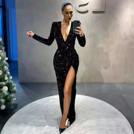 Long Sleeve Sequin Prom Dresses Sparkly Deep V Neck Tight Slit Long Formal Evening Party Dress