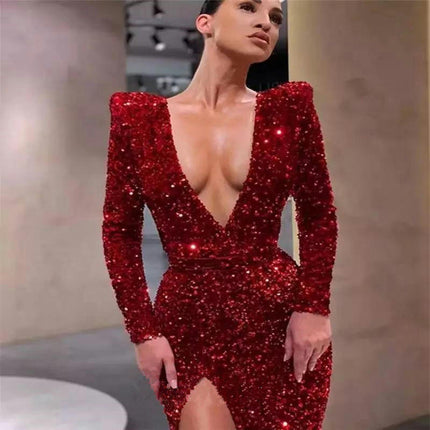 Long Sleeve Sequin Prom Dresses Sparkly Deep V Neck Tight Slit Long Formal Evening Party Dress