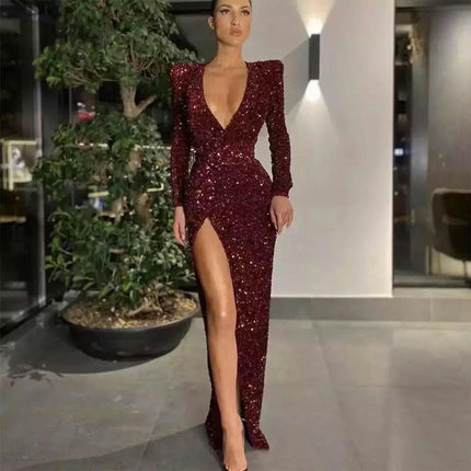 Long Sleeve Sequin Prom Dresses Sparkly Deep V Neck Tight Slit Long Formal Evening Party Dress