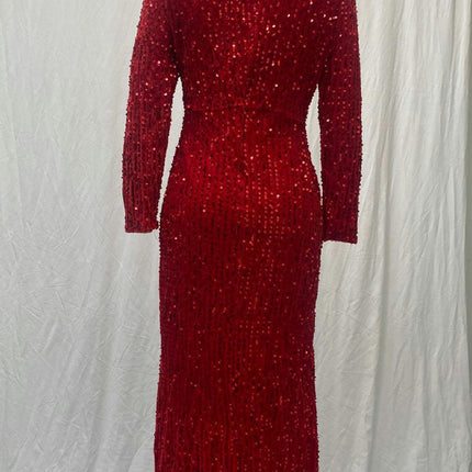 Long Sleeve Sequin Prom Dresses Sparkly Deep V Neck Tight Slit Long Formal Evening Party Dress