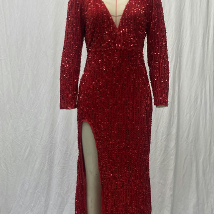 Long Sleeve Sequin Prom Dresses Sparkly Deep V Neck Tight Slit Long Formal Evening Party Dress