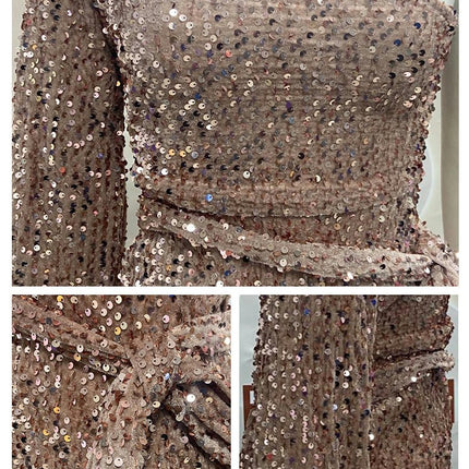 Women's Sequin Prom Mini Dress One Shoulder Bodycon Long Sleeve Party Cocktail Evening Dresses