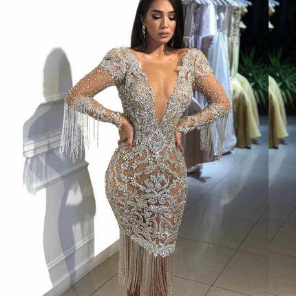 Womens Glitter Sequin Tassels Prom Dress Deep V Neck Long Sleeve Bodycon Evening Party Dress