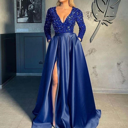 Long Sleeve Sequin Satin V Neck Formal Dresses for Women Evening Ball Gowns with Slit