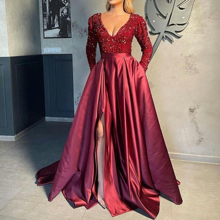 Long Sleeve Sequin Satin V Neck Formal Dresses for Women Evening Ball Gowns with Slit