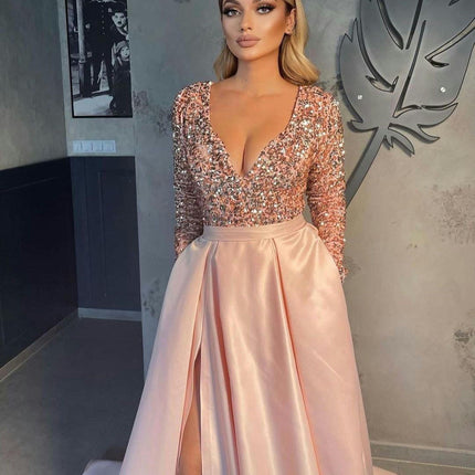 Long Sleeve Sequin Satin V Neck Formal Dresses for Women Evening Ball Gowns with Slit