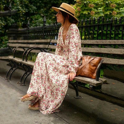 Women's Floral Print Boho Dresses V Neck Long Sleeve Ruffled Flowy Maxi Dress