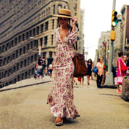 Women's Floral Print Boho Dresses V Neck Long Sleeve Ruffled Flowy Maxi Dress