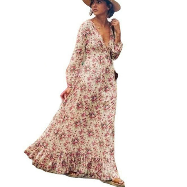 Women's Floral Print Boho Dresses V Neck Long Sleeve Ruffled Flowy Maxi Dress