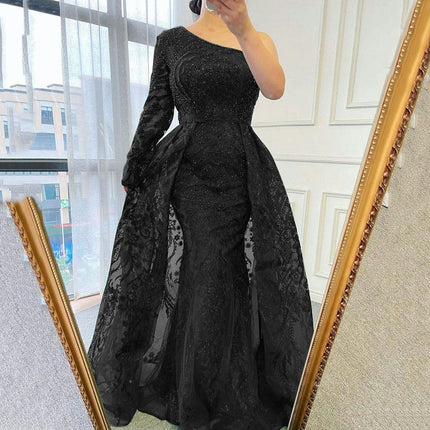 Long Sleeve Sequin Tulle Prom Dresses for Women One Shoulder Formal Evening Party Dresses