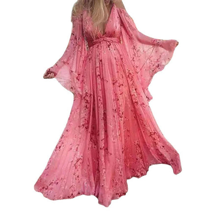 Women Floral Maxi Dress Cold Shoulder V-Neck Long Sleeve Flowy Bohemian Beach Dresses