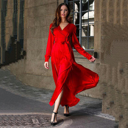 Women's Wrap Maxi Dress Casual V Neck Long Sleeve Split Flowy Beach Long Dresses