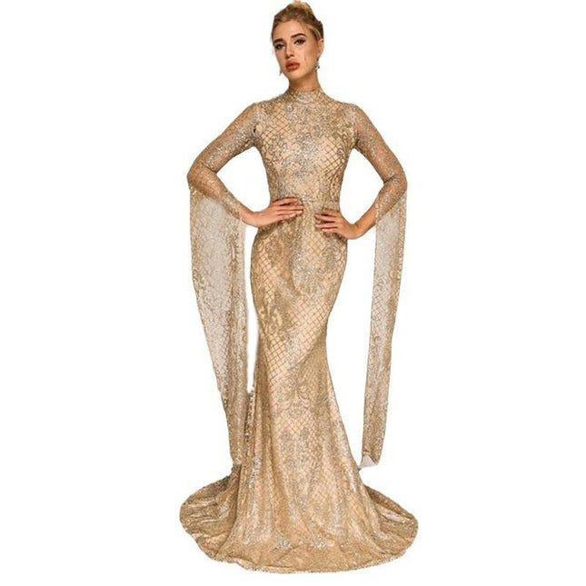 Women's Mermaid Prom Dresses Mock Neck Long Sleeve Sparkly Tulle Long Evening Gowns