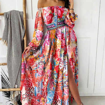 Women's Floral Print Long Sleeve Maxi Dress Off The Shoulder Split A-line Beach Dresses