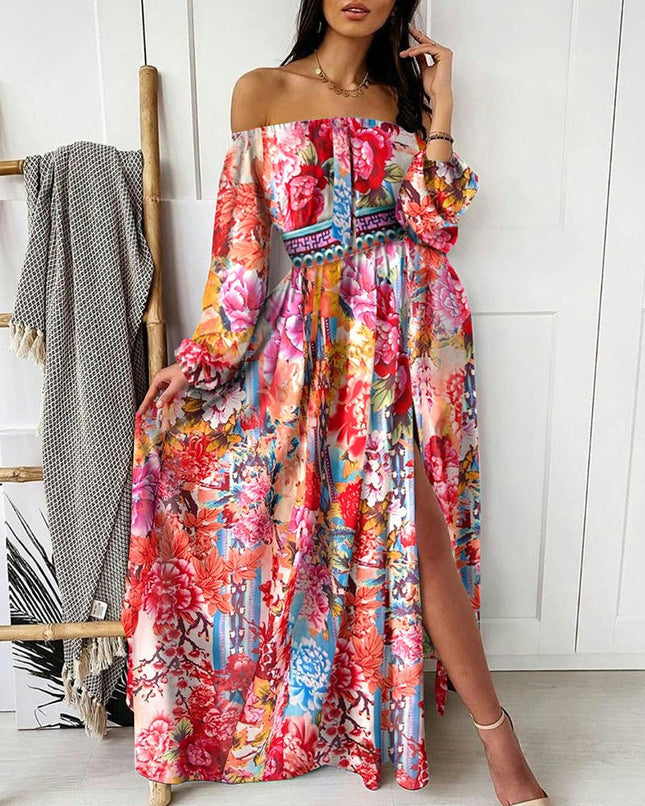 Women's Floral Print Long Sleeve Maxi Dress Off The Shoulder Split A-line Beach Dresses