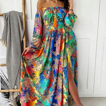 Women's Floral Print Long Sleeve Maxi Dress Off The Shoulder Split A-line Beach Dresses