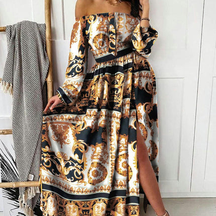 Women's Floral Print Long Sleeve Maxi Dress Off The Shoulder Split A-line Beach Dresses