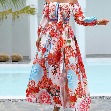 Women's Floral Print Long Sleeve Maxi Dress Off The Shoulder Split A-line Beach Dresses