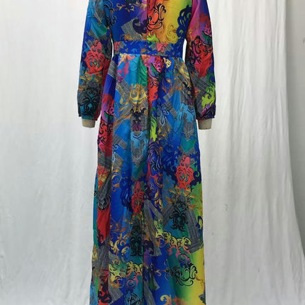 Women's Floral Print Long Sleeve Maxi Dress Off The Shoulder Split A-line Beach Dresses