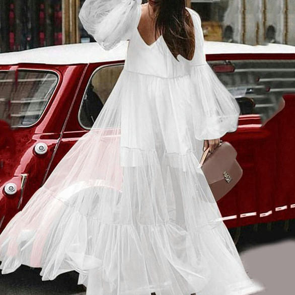 Women's Tulle V Neck Maxi Dress Long Sleeve A-Line Flowy Long Dresses Formal Gowns