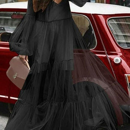 Women's Tulle V Neck Maxi Dress Long Sleeve A-Line Flowy Long Dresses Formal Gowns