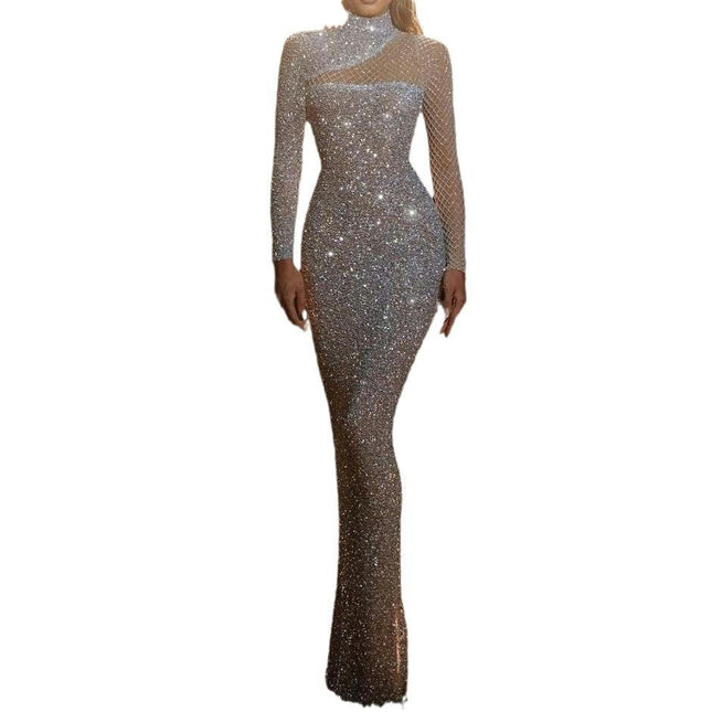 Womens Sequin Evening Dress Mock Neck Long Sleeves Mermaid Formal Gowns