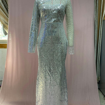 Womens Sequin Evening Dress Mock Neck Long Sleeves Mermaid Formal Gowns