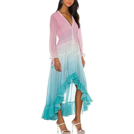 Womens Long Sleeve V-Neck Long Dresses High Low Ruffled Flowy Party Maxi Dress