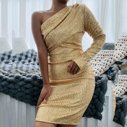 Women's Sequins One Shoulder Party Dresses Sparkly Long Sleeve Cocktail Bodycon Mini Dress