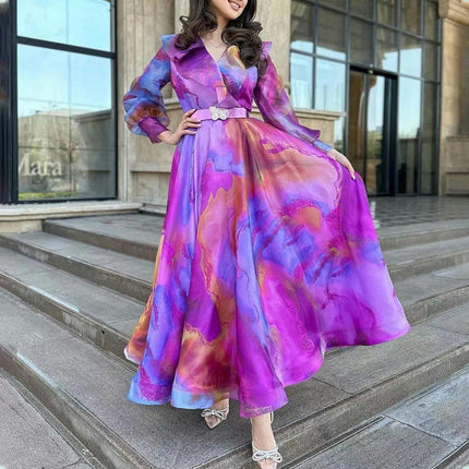 Women's Floral Maxi Dresses Ruffled V-Neck Long Sleeves A Line Flowy Beach Dress