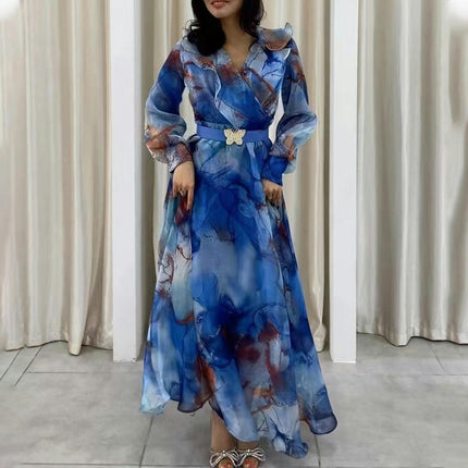 Women's Floral Maxi Dresses Ruffled V-Neck Long Sleeves A Line Flowy Beach Dress