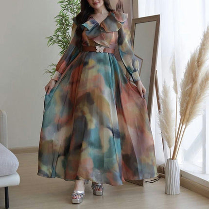 Women's Floral Maxi Dresses Ruffled V-Neck Long Sleeves A Line Flowy Beach Dress