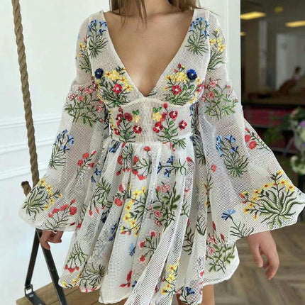 Women Tulle Floral Embroidery Swing Mini Dress Long Sleeves A line Prom Evening Dress