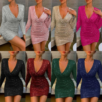 Sexy Sparkly Bodycon Mini Dress for Women Long Sleeve Deep V Neck Ruched Sequin Evening Dresses