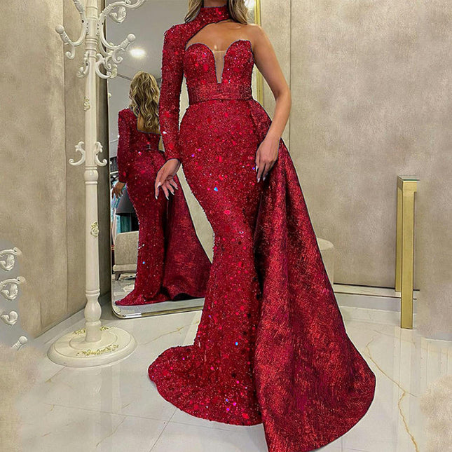 Women's One Shoulder Sequin Prom Dresses Long Sleeve Mermaid Formal Evening Gowns