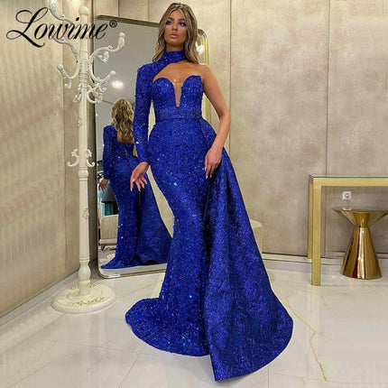 Women's One Shoulder Sequin Prom Dresses Long Sleeve Mermaid Formal Evening Gowns