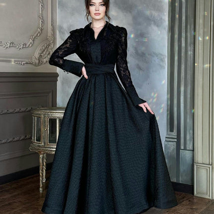 Women's Vintage Floral Lace Appliques V Neck Evening Long Sleeves Formal Long Dress