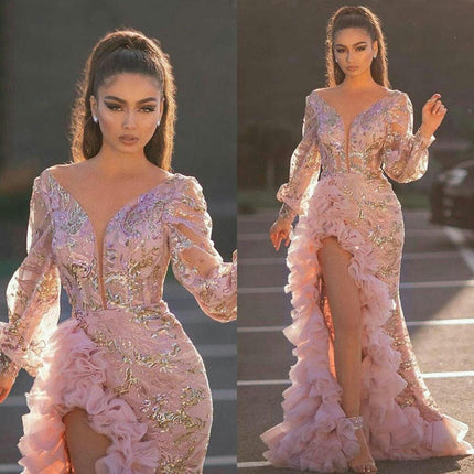 Women's Elegant Sequin Tulle V-Neck Long Sleeves High Split Evening Party Long Dress