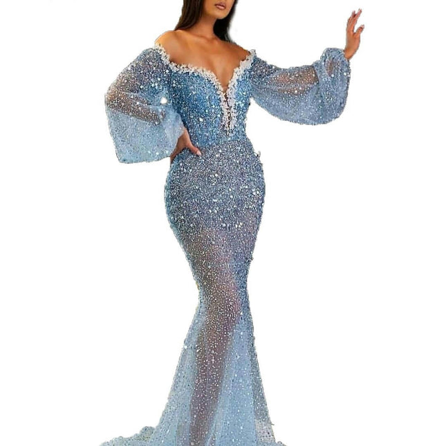 Women's Off Shoulder Sequin Tulle Long Sleeve Party Evening Prom Gown Mermaid Long Dress