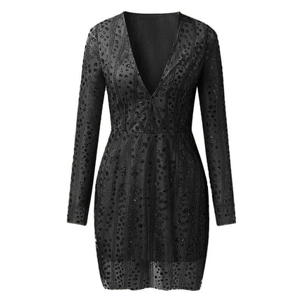 Women's V-Neck Long Sleeve Sexy Mini Dress Bodycon Sequin Tulle Party Cocktail Dress