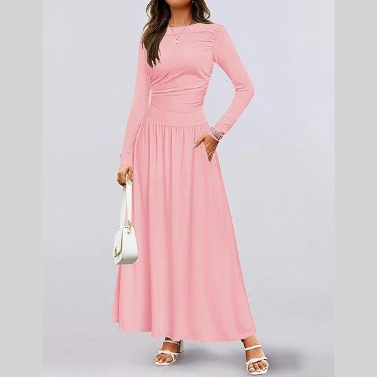 Women's Long Sleeve Maxi Dress Fall Crewneck Knit Casual Slim Swing Pleated Dresses with Pockets