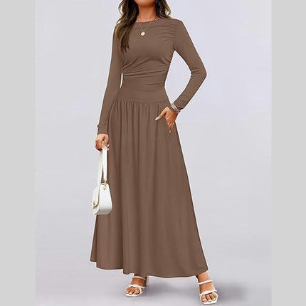 Women's Long Sleeve Maxi Dress Fall Crewneck Knit Casual Slim Swing Pleated Dresses with Pockets