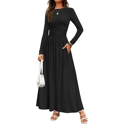 Women's Long Sleeve Maxi Dress Fall Crewneck Knit Casual Slim Swing Pleated Dresses with Pockets