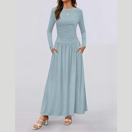 Women's Long Sleeve Maxi Dress Fall Crewneck Knit Casual Slim Swing Pleated Dresses with Pockets