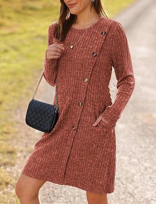 Long Sleeve Dress for Women Fashion Button Tunic Sweater Dresses with Pockets